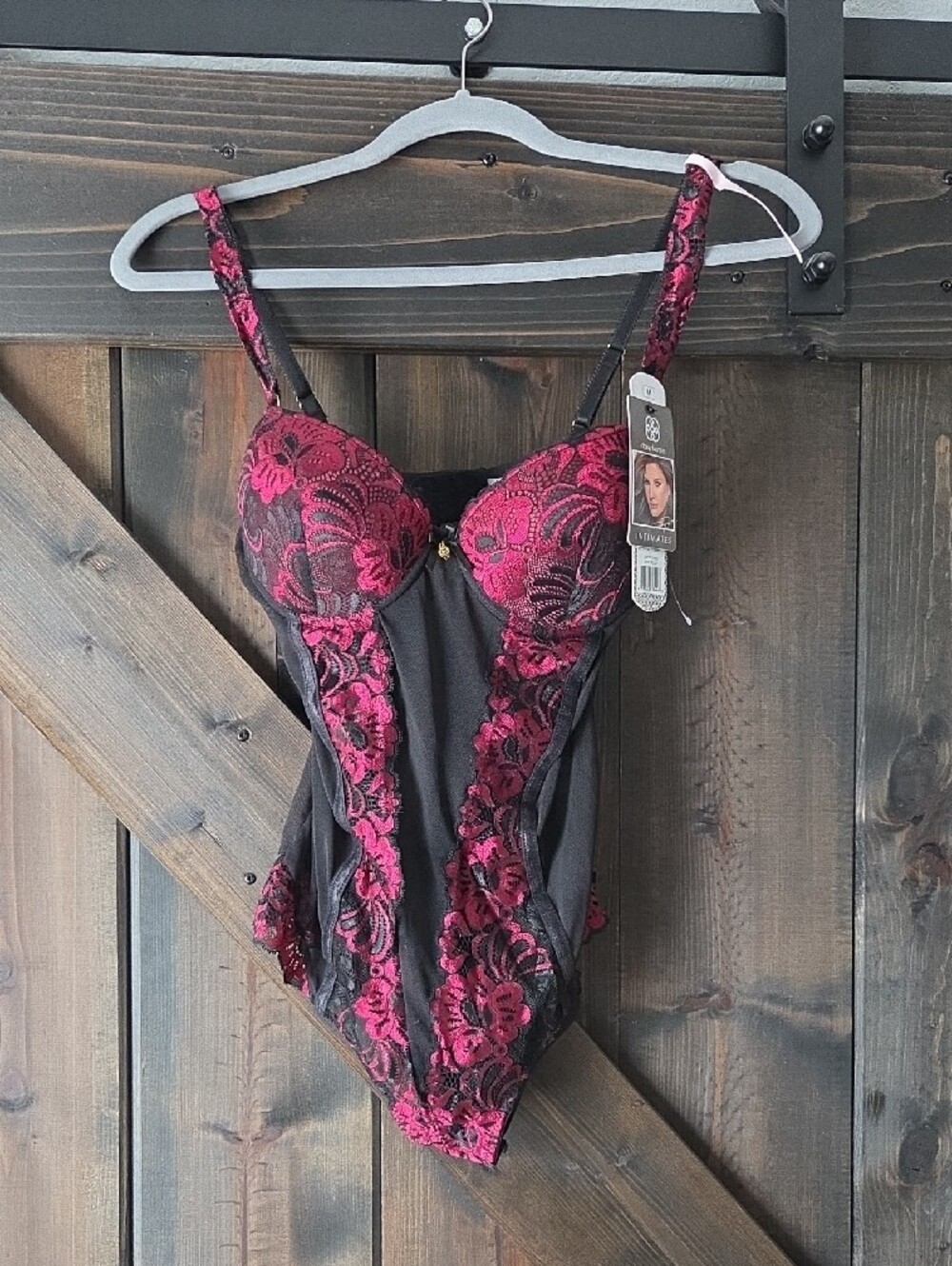 Daisy Fuentes Lace Mesh Bodysuit Teddy in Burgundy and Black Medium